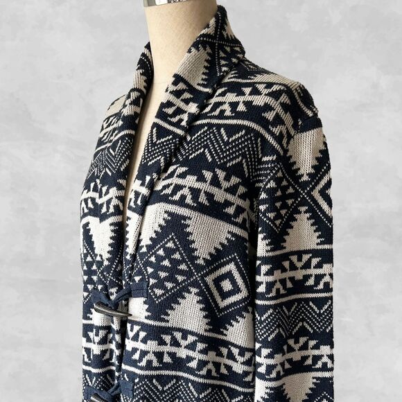Chaps Navy Blue Ivory Southwest Shawl Collar Cardigan Sweater Toggle - Women's L - Picture 1 of 8